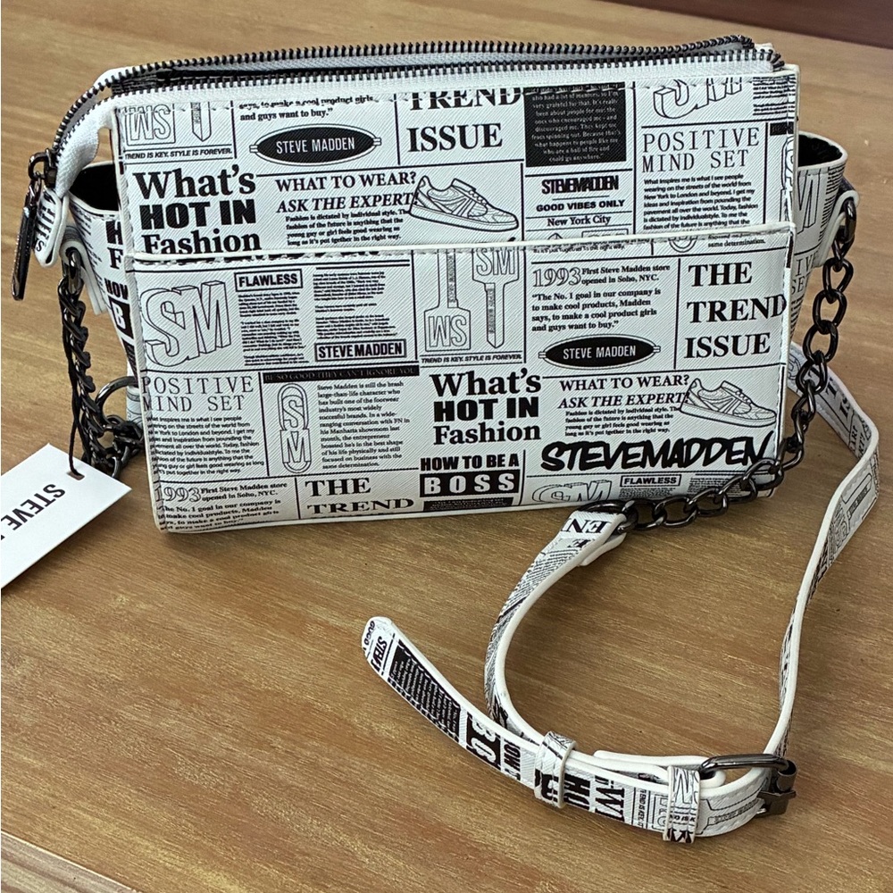 Steve Madden Black and White Newsprint Crossbody Bag with Chain Strap